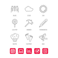 Footprint, lab bulbs and thermometer icons. Muffin, bow and lolly pop linear signs. Cloud and sun flat line icons. Report document, Graph chart and Calendar signs. Laptop and Check web icons. Vector
