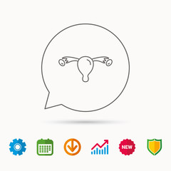 Uterus icon. Ovary sign. Gynecology health symbol. Calendar, Graph chart and Cogwheel signs. Download and Shield web icons. Vector