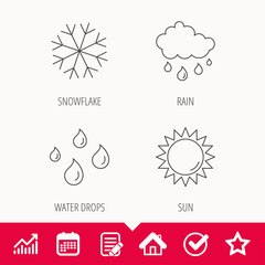 Snowflake, sun and rain icons. Water drops linear sign. Edit document, Calendar and Graph chart signs. Star, Check and House web icons. Vector