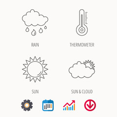 Thermometer, sun and rain icons. Clouds linear sign. Calendar, Graph chart and Cogwheel signs. Download colored web icon. Vector