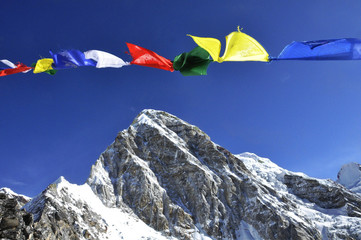 Pumori and prayer flags