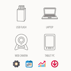 Web camera, USB flash and notebook laptop icons. Tablet PC linear sign. Calendar, Graph chart and Cogwheel signs. Download colored web icon. Vector