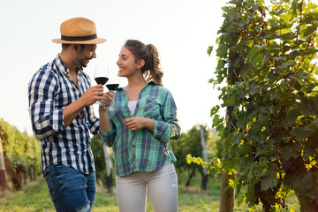 People tasting wine in vineyard