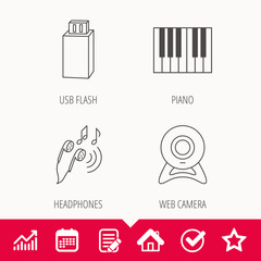 Headphones, web camera and USB flash icons. Piano linear sign. Edit document, Calendar and Graph chart signs. Star, Check and House web icons. Vector