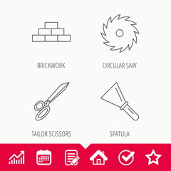 Fototapeta premium Wall, spatula and scissors icons. Circular saw linear sign. Edit document, Calendar and Graph chart signs. Star, Check and House web icons. Vector