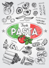 Different types of authentic Italian pasta. Hand drawn set. Vector illustration in vintage style. Menu or signboard template for restaurant. - obrazy, fototapety, plakaty
