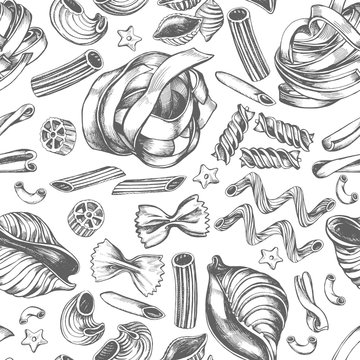 Decorative seamless pattern with different types of authentic Italian pasta. Hand drawn vector illustration.