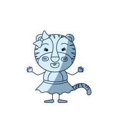 blue color shading silhouette caricature of cute expression female tigress in skirt with bow lace vector illustration