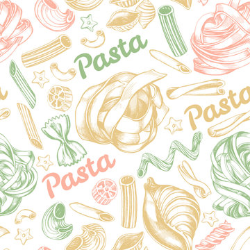 Decorative seamless pattern with different types of authentic Italian pasta. Hand drawn vector illustration.