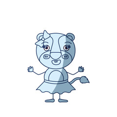 blue color shading silhouette caricature of cute female lioness in skirt with bow lace with excited expression and smiling vector illustration