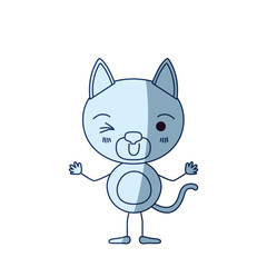 blue color shading silhouette caricature of cute cat wink eye expression vector illustration