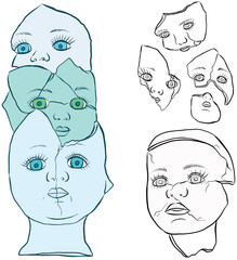 Broken Doll Face and Head Vector Line Art 
