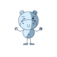 blue color shading silhouette caricature of cute hippopotamus wink eye expression vector illustration