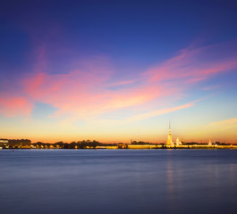 White night in Saint Petersburg, Russia. Travel and Business background. Peter and Paul Fortress at summer. View from St. Isaac's Cathedral . 