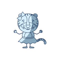 blue color shading silhouette caricature of cute smile expression female tigress in skirt with bow lace vector illustration