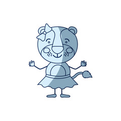 blue color shading silhouette caricature of cute smile expression lioness in skirt with bow lace vector illustration
