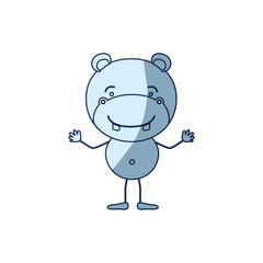 blue color shading silhouette caricature of cute hippopotamus happiness expression vector illustration
