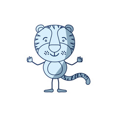 blue color shading silhouette caricature of cute tiger happiness expression vector illustration
