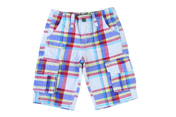 Boys checkered shorts on white background. Children's clothes for summer