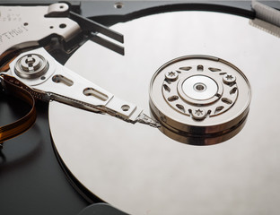 Macro shot of the mechanism of the hard drive