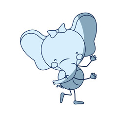 blue color shading silhouette caricature of cute expression female elephant in dance pose with bow lace vector illustration