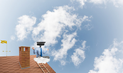 Concept of security and privacy protection with camera headed man meditating