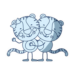 blue color shading silhouette caricature with couple of tigers embraced vector illustration