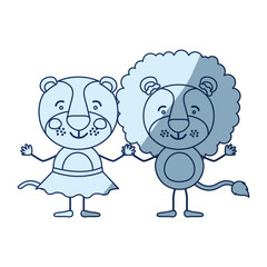 blue color shading silhouette caricature with couple of lioness holding hands vector illustration