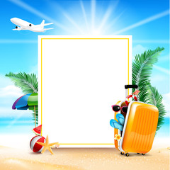 Fototapeta premium Air plane open luggage travel case with Starfish flower palm leaf sand beach element on blue sky background concept for travel vacation in summer time vector illustration eps10