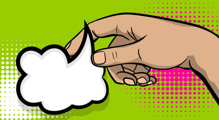 Pop art comic text cartoon strong man hand show empty speech bubble, message balloon. Human guy wow poster halftone dot background. Gesture advertisement arm illustration.
