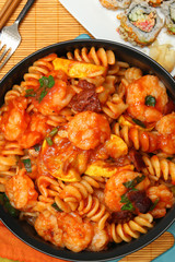 Asian Italian Fushion Pasta Shrimp and Sushi Meal
