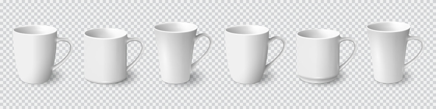 Set of realistic white coffee mugs isolated on transparent background