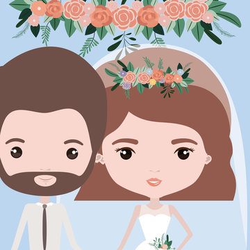 color background with half body couple of just married bearded man and woman with short wavy hair vector illustration