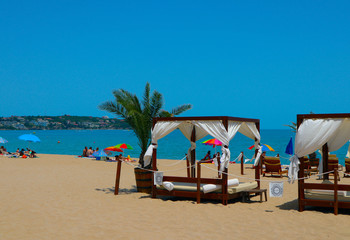 Bulgaria, Sozopol - July 10, 2017: The beach is divided into paid or free zones. Balck sea beach.