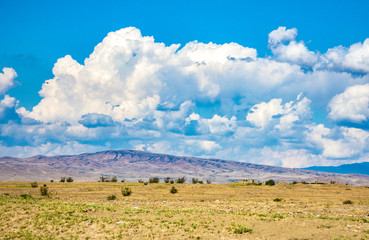 Desert landscape. Blue sky with white clouds. Summer steppe landscape. Hot desert with mountains view.