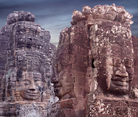 Ancient stone reliefs of famous Prasat Bayon temple in Angkor Thom, Cambodia