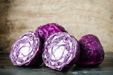 Purple cabbage on wooden background,Food ingredient,Healthy vegetable