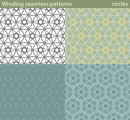 Winding seamless patterns, circles. Four different versions of a seamless pattern with circular motifs.
