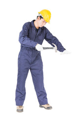 Handyman in uniform with his hammer
