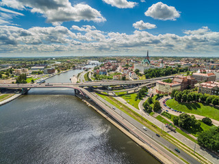 Szczecin - krajobraz miasta z rzeką Odrą widziany z powietrza. Bulwar Chrobrego i stare miasto z zamkiem i bazylika. 