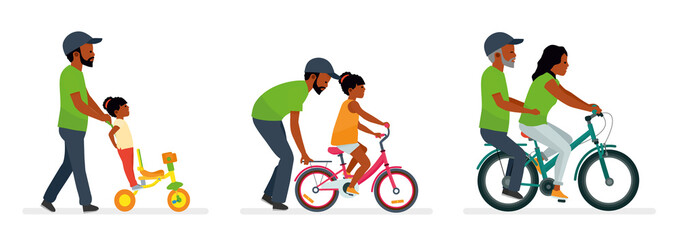 Father and daughter. Father helping daughter to ride a bike. The daughter takes the father on a bike. People generation. African American people. Happy family. Vector illustration flat cartoon style