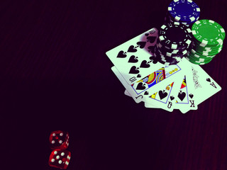 Black colours of poker game concept.  Plot with bones, chips and cards
