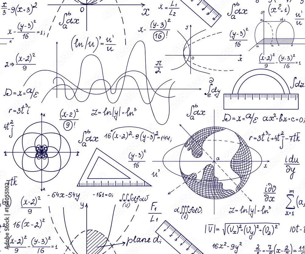 Wall mural hand drawn mathematical vector seamless pattern with handwritten algebra formulas, equations and geo