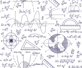 Hand drawn mathematical vector seamless pattern with handwritten algebra formulas, equations and geometry figures on white paper