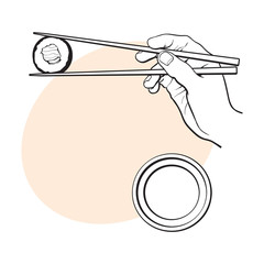 Fototapeta premium Eating sushi - human hand with chopsticks and soy sauce bowl, sketch vector illustration with space for tex. Soy sauce and hand holding chopsticks and sushi, roll, realistic hand drawing