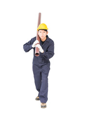 Young plumber  holding pvc pipe