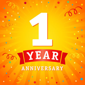 1 year anniversary logo celebration card. 1st year anniversary vector background with red ribbon and confetti on yellow flash radial lines