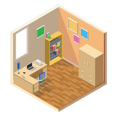Vector isometric low poly room cutaway icon. Room includes furniture - working table with laptop