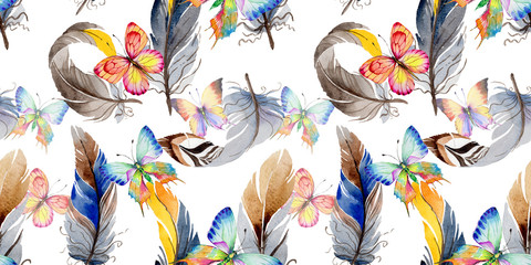 Watercolor bird feather from wing pattern. Aquarelle wild flower for background, texture, wrapper pattern, frame or border.