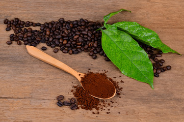  coffee beans and ground coffee on a wooden background
